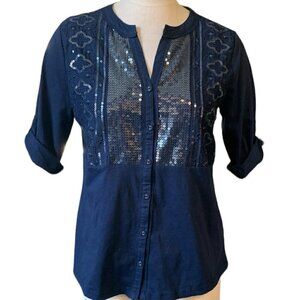 Style & Co Navy Blue Button Split Neck Sequin & Embroidery Top PM Blue #61P